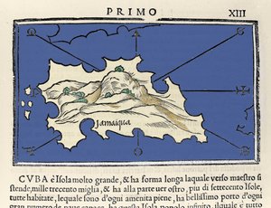 Darstellung der Insel Jamaika. Isolario (Inselkarte) von Benedetto Bordone. Venedig 1547