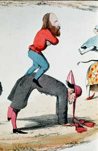 Risorgimento: satirische Zeichnung, die die Helden des Risorgimento Giuseppe Garibaldi (1807-1882) zeigt, wie sie die Römische Frage regeln, eine politische Kontroverse über die Rolle Roms, Sitz der weltlichen Macht des Papstes und Hauptstadt des neuen Kön von Italian School