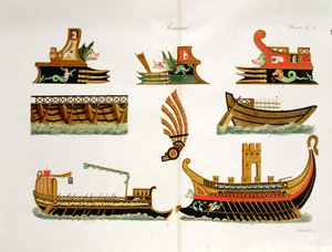 Römische Schiffe mit Details der Galionsfiguren, Tafel 23, Klasse 5 aus Teil I der Geschichte der Nationen, graviert von Simonetti
