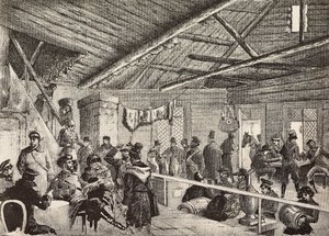Russische Soldaten in einer Taverne nahe den Befestigungen von Warschau, Polen, Gravur nach Skizze von Fritzmann, aus L