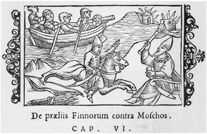 Russen und Finnen kämpfen, Illustration aus Historia de Gentibus Septentrionalibus von Olaus Magnus (1490-1558), veröffentlicht in Rom, 1555