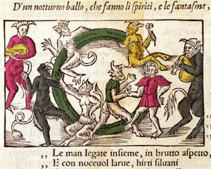 Sabbatzeremonie mit Hexen. Gravur von Olaus Magnus, schwedischer Geistlicher und Geograph, „Historia de Gentis Septentrionalibus“, Venedig