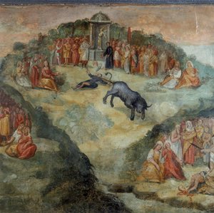 Heiliger Hippolytus wirft das von Pontifex Battistellus gegebene Rauchfass, um Jupiter zu opfern (Detail) von Italian School