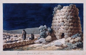 Sardische Hirten in der Nähe eines Nuraghe, Druck ms. 257, Cominotti Sammlung, um 1825 von Italian School