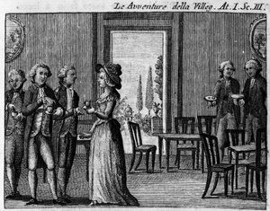Szene 3 des ersten Akts des Lustspiels „Le avventure della villeggiatura“ (Die Abenteuer der Stadt) (1756) von Carlo Goldoni (1707-1793). Gravur des 18. Jahrhunderts von Italian School