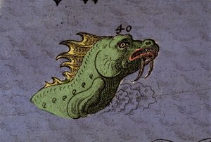 Seemonster: Darstellung einer Seeschlange. Detail einer Karte des Atlas von Urbano Monte von Italian School