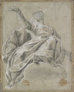Sitzende weibliche Figur auf einer Wolke, nach oben blickend