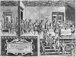 Dienst der Kardinäle während eines Konklaves. Gravur aus „Opera“, einem Buch über Gastronomie, unterteilt in 6 Teile, von Bartolomeo Scappi, persönlicher Koch von Papst Pius V. Venedig