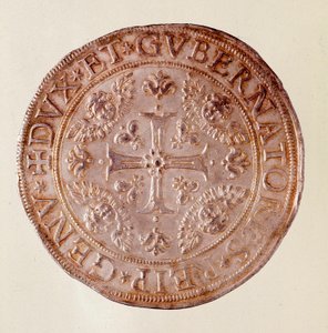 Silbermünze aus der Republik Genua mit dem Kreuz. 1670. Durchmesser 5,8 cm Neapel, Archäologisches Museum von Italian School