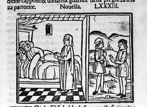 Simone lässt Calandrino glauben, er trage ein Kind im Bauch. Illustration zur Novelle 83 (Neue 3 des neunten Tages) des „Decameron“ von Giovanni Boccaccio (1313-1375), italienischer Schriftsteller. Gravur in „Decamerone ouer Cento nouell