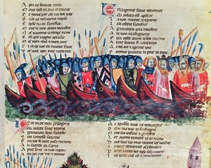 Soldaten in ihren Schiffen, aus dem Codex Benito de Santa Mora