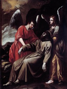Der heilige Franz von Assisi wird von Engeln getröstet, nachdem er die Stigmata erhalten hat