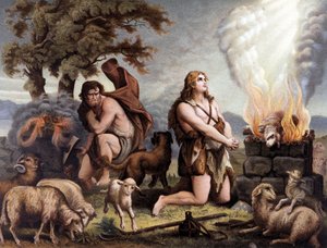 Die Anbetung des Lammes (Kain und Abel) - Kain und Abel (opfern ein Schaf) in „Aurea Bibbia classica: storia della rivelazione divina nell