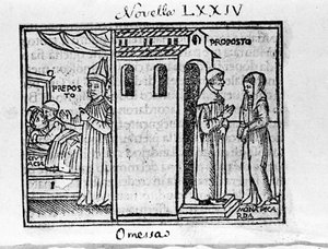 Der Erzpriester von Florenz wird vom Bischof überrascht, als er die Frau trifft, die er liebt. Illustration zur Novelle 74 (Neue 4 des achten Tages) des „Decameron“ von Giovanni Boccaccio (1313-1375), italienischer Schriftsteller. Gravur in „Decamerone o