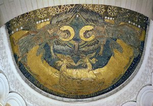 Die Bundeslade, getragen von Cherubim, aus der Halbkuppel der Ostapsis (Mosaik)