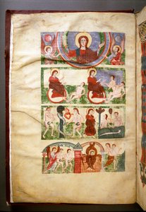 Die Erschaffung von Adam und Eva, die Erbsünde und ihre Vertreibung aus dem Paradies (Frontispiz eines Manuskripts aus dem 11. oder 12. Jahrhundert)