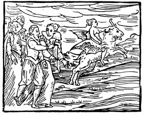 Der Teufel in Form einer fliegenden Ziege, der eine Hexe zum Sabbat trägt, Illustration aus Compendium Maleficarum von Francesco Maria Guazzo, 1608