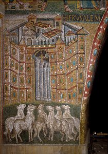 Das Tor von Jerusalem mit Lämmern, die die Apostel symbolisieren