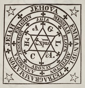 Der große magische Kreis von Agrippa zur Beschwörung von Dämonen, Kopie einer Illustration aus Les Oevres Magiques de Henri Corneille Agrippa, Rom 1744, verwendet in einer Geschichte der Magie, veröffentlicht im späten 19. Jahrhundert