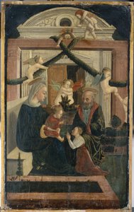 Die Heilige Familie mit Stifter im Gebet und spielenden Engeln, ca. 1460