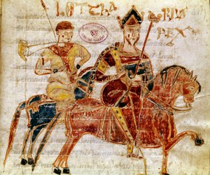 Der König der Franken und dann Lothar I. (9. Jahrhundert). Miniatur aus „Codex Legum Longobardorum“ (oder Langobardorum), das die Gesetze des Langobardenreichs beschreibt, das von König Rothari etabliert wurde von Italian School