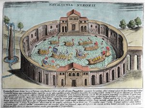 Die Naumachie von Nero, Darstellung einer Seeschlacht in Rom (Stich, 17. Jahrhundert) von Italian School