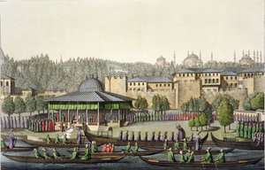 Die Vorstellung des Admirals beim Sultan, Tafel 14 aus Teil III, Band I der Geschichte der Nationen, graviert von Giacomo Bussi, ca. 1820