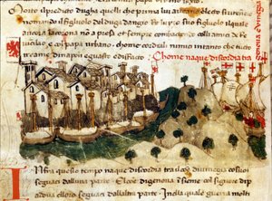 Der Beginn des Chioggia-Krieges zwischen Genua und Venedig. Chroniken von Sercambi. Nationalarchiv, Lucca. von Italian School