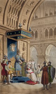 Die Schaffung eines Tempelritters, aus einem Manuskript der Romanze von Lancelot vom See, veröffentlicht um 1820-30