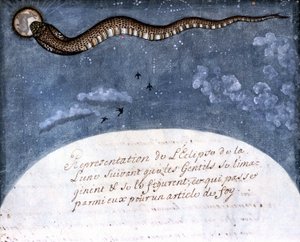 Die Mondfinsternis, vorgestellt von den Mogul-Indianern (eine Schlange, die den Mond verschlingt). Seite aus dem Manuskript (ms.8300) „Geschichte der Mogul“ von Stefano Nivibus Cardeira. 18. Jahrhundert. Biblioteca Marciana, Venedig von Italian School