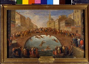 Das Spiel der Brücke in Venedig. Die Schlacht der Stöcke auf der Ponte Santa Fosca. Gemälde der venezianischen Schule. 18. Jahrhundert von Italian School