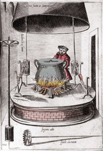 Die Küche unter einer Glocke. Gravur aus „Opera“, Buch über Gastronomie in 6 Teilen, von Bartolomeo Scappi, persönlicher Koch von Papst Pius V. Venedig