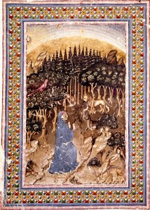 Der Dichter Dante befindet sich in einem dunklen Wald. Illustrierte Seite des ersten Gesangs der Hölle aus der „Divina Commedia“ (Göttliche Komödie) von Dante Alighieri (1265-1321). Manuskript Ms. Conv. Soppr. 204