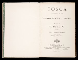 Titelseite, Libretto della Tosca, von Giacomo Puccini, Edizione Ricordi, Italien