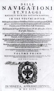 Titelseite von Band I von Delle Navigationi et Viaggi von Giovanni Ramusio (1485-1557), veröffentlicht 1613