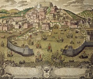 Stadt Triest und ihr Freihafen, farbige Gravur, Italien