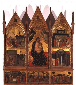 Triptychon: Madonna mit Kind auf dem Thron flankiert von Szenen aus dem Leben des St. Bartholomäus mit einer Predella-Tafel von Szenen aus dem Leben Christi, Schule der Marken von Italian School