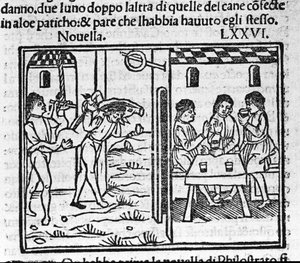 Zwei Männer tragen ein Schwein auf ihren Schultern. Illustration zur Novelle 76 (Novelle 6 des achten Tages) des „Decameron“ von Giovanni Boccaccio. Gravur in „Decamerone ouer Cento novelle“ Venedig, Bartolomeo de