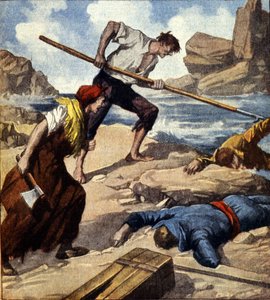 Zwei Schiffbrüchige (Piraten) plündern nach dem Ziehen des Bootes auf den Felsen die Besatzung. Italienische Illustration. von Italian School
