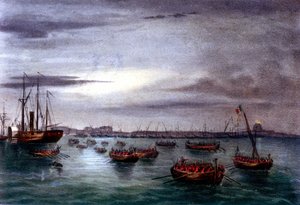 Einheit Italiens: Die Expedition der Tausend oder Rothemden unter der Führung von Giuseppe Garibaldi (1807-1882). Abfahrt der ersten Flotte der Garibaldi-Armee vom Leuchtturm von Messina in Sizilien nach Kalabrien. Lithographie aus dem 19. Jahrhundert.