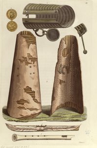 Verschiedene Wikingerartefakte: Bronzearmband, goldene Medaille mit Runenalphabet, Schilde, Flöten. Illustration von V. Raineri aus 