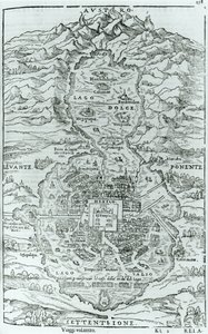 Ansicht von Norden der aztekischen Stadt Tenochtitlan, aus Relatione della Citta del Temistitan von Giovanni Battista Ramusio (1485-1557), veröffentlicht in Venedig 1606 von Italian School