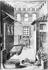 Ansicht einer Küche. Im Hintergrund schärft ein Mann die Messer, während ein anderer die Teller wäscht. Gravur aus „Opera“, Buch über Gastronomie in 6 Teilen, von Bartolomeo Scappi, persönlicher Koch von Papst Pius V. Venedig