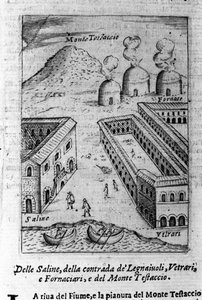 Ansicht einer Saline, die Nachbarschaft von Holzfällern, Glasmachern und Bäckern in der Nähe des Monte Testaccio in Rom. Gravur aus „Ritratto di Roma Antica“ von Filippo de Rossi. 1654