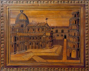 Ansicht der Kathedrale von Pisa (Duomo di Santa Maria Assunta di Pisa) und des Schiefen Turms (Torre Pendente) auf der Piazza dei Miracoli. Intarsienarbeit des 15. Jahrhunderts. Aufbewahrt im Presbyterium der Kathedrale, Pisa