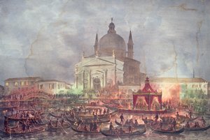 Ansicht der Chiesa del Redentore und Boote am Karnevalstag von Italian School