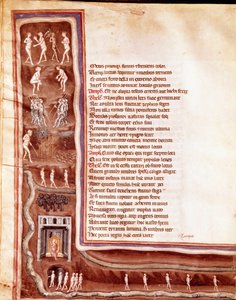 Ansicht der Unterwelt, Figuren und Monster, wandernde Seelen in den Kreisen der Unterwelt, Illustration für „Furioser Herkules“ von Seneca (Miniatur) von Italian School