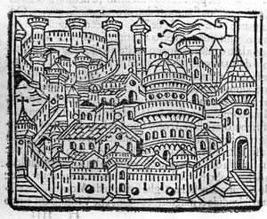 Ansicht der Stadt Aosta in Italien. Gravur in „Supplemento alle cronache“ von Fra Jacopo Filippo Foresti, Venedig