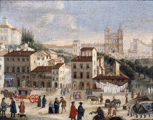 Blick über den Platz von Spanien und die Kirche der Heiligen Dreifaltigkeit in Rom - 17. Jahrhundert von Italian School