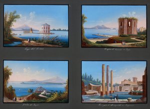 Ansichten der Phlegräischen Felder: Fusaro-See, Venus-Tempel in Baja, Baja-Golf, Serapis-Tempel in Pozzuoli von Italian School